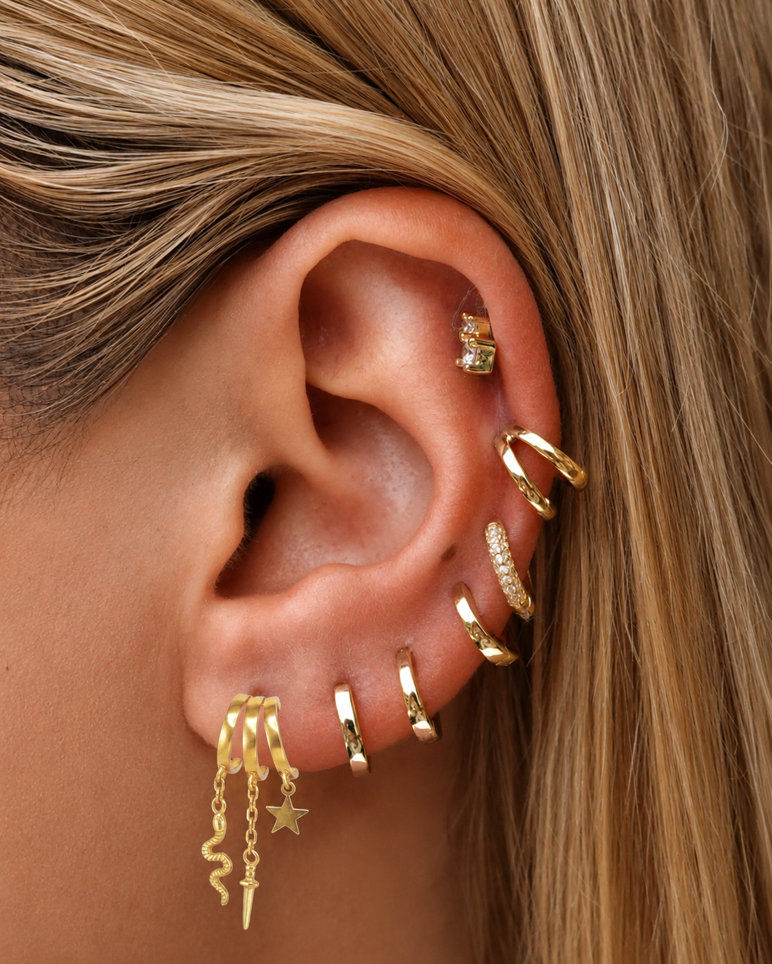 Izoa Snake 3-in-1 Trio Huggie Stud Earring Gold