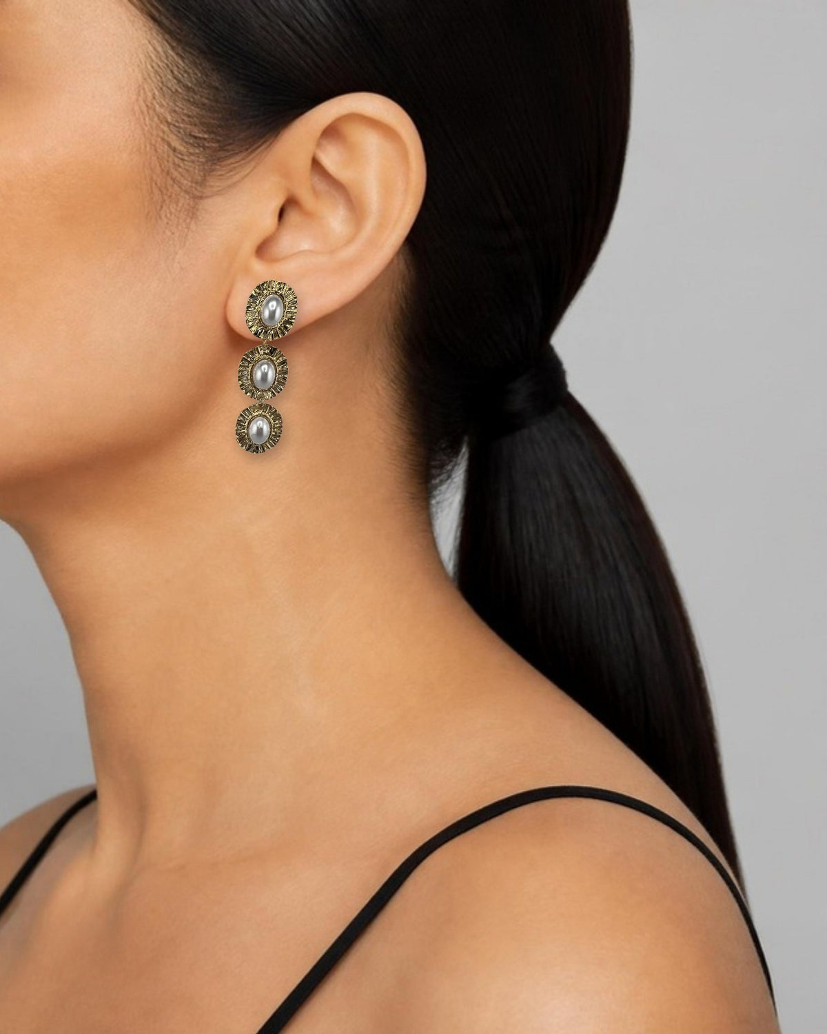 Izoa Esmeralda Triple Pearl Drop Earrings Pearl - worn on model