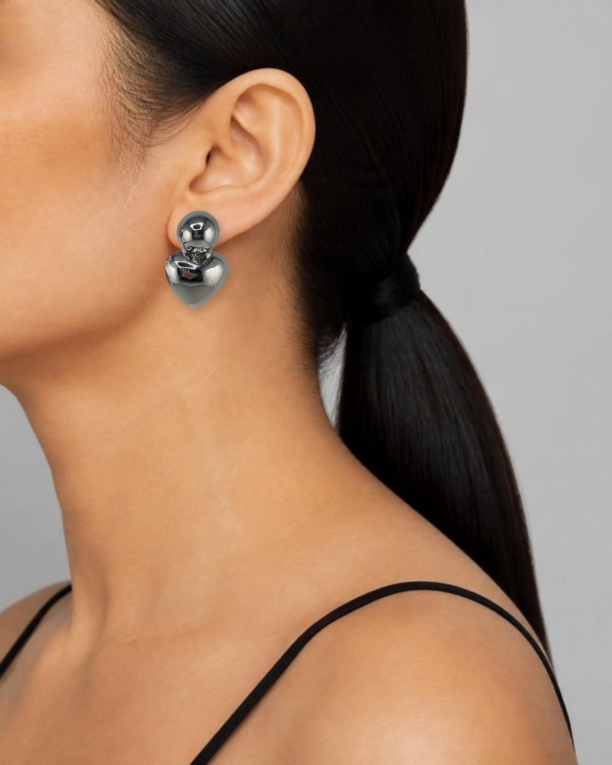 Izoa Gwendolyn Puffed Heart Drop Earrings Silver - worn on model