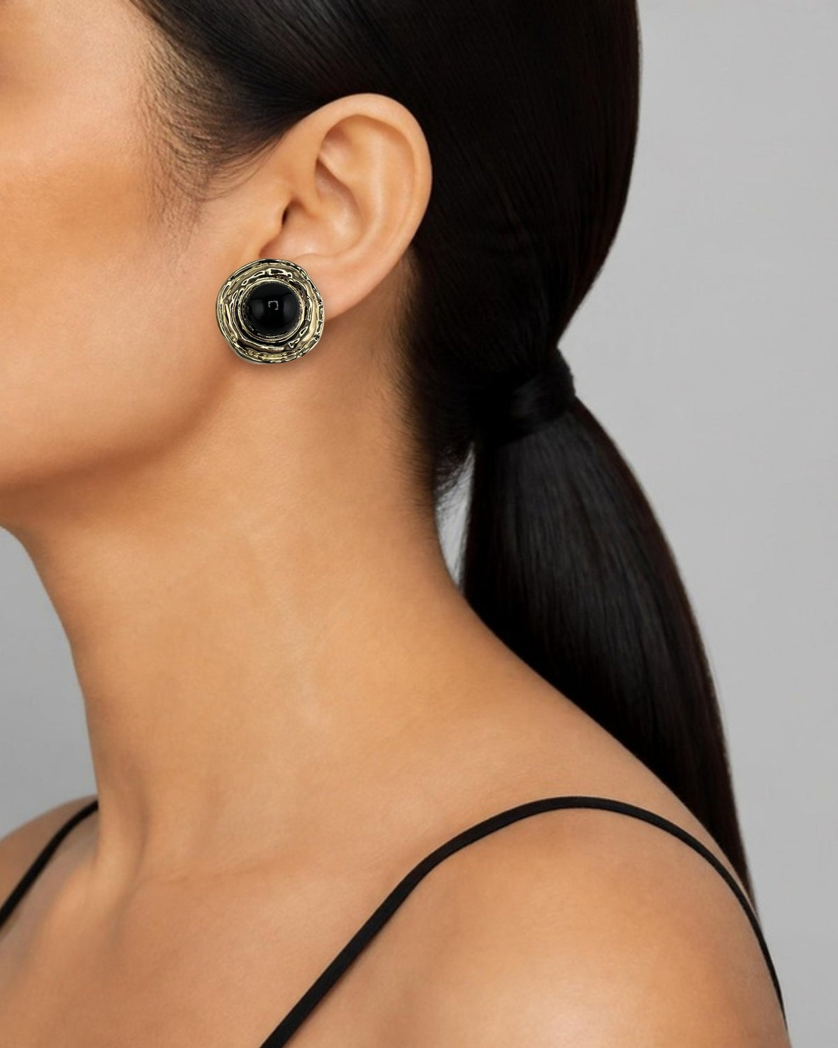 Izoa Henrietta Hammered Statement Stud Earrings Black - worn on model