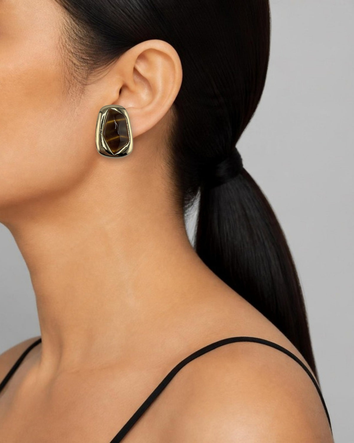 Izoa Philomena Geometric Statement Stud Earrings Brown - worn on model