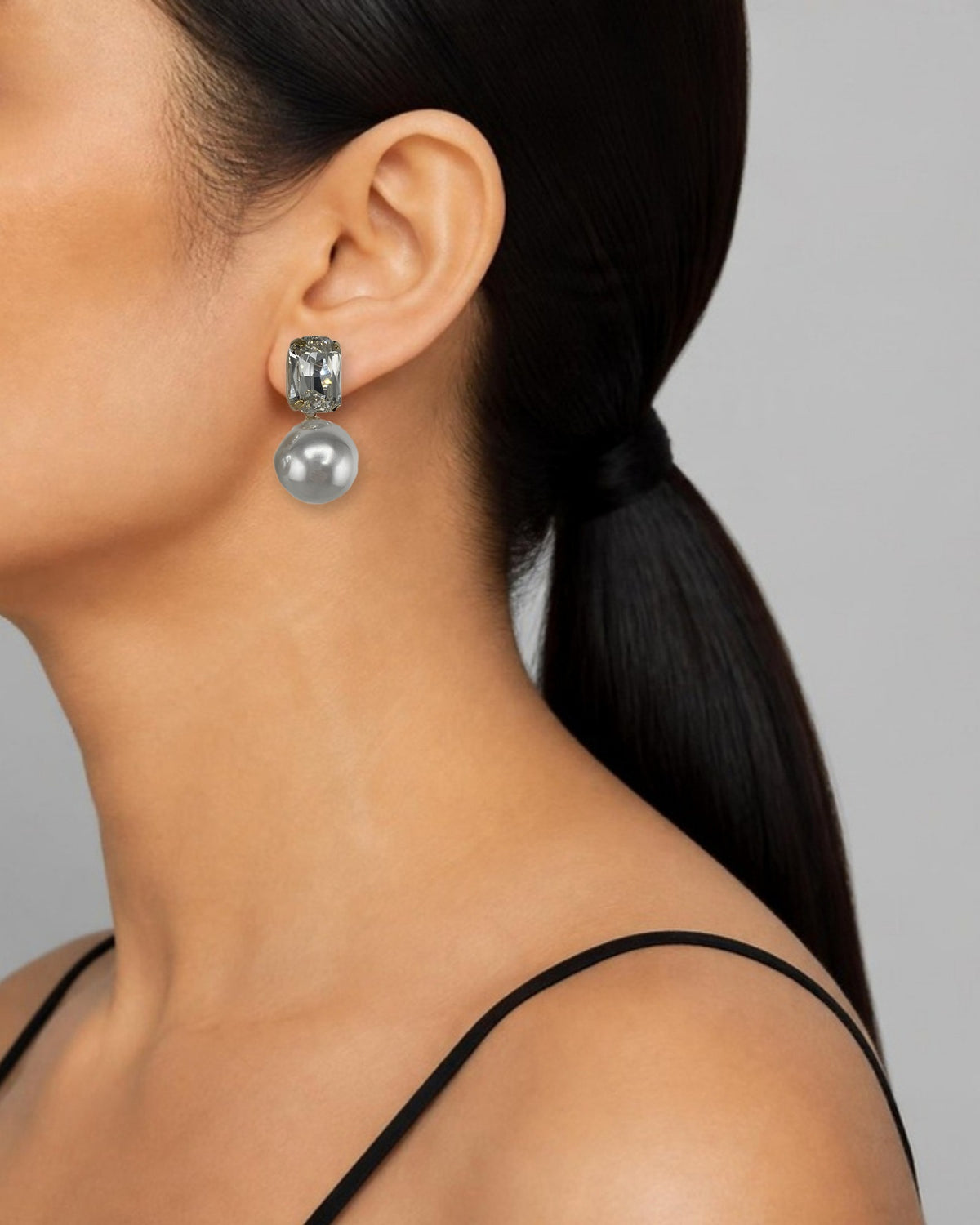 Izoa Romilly Emerald Cut Crystal Pearl Drop Earrings Pearl - worn on model