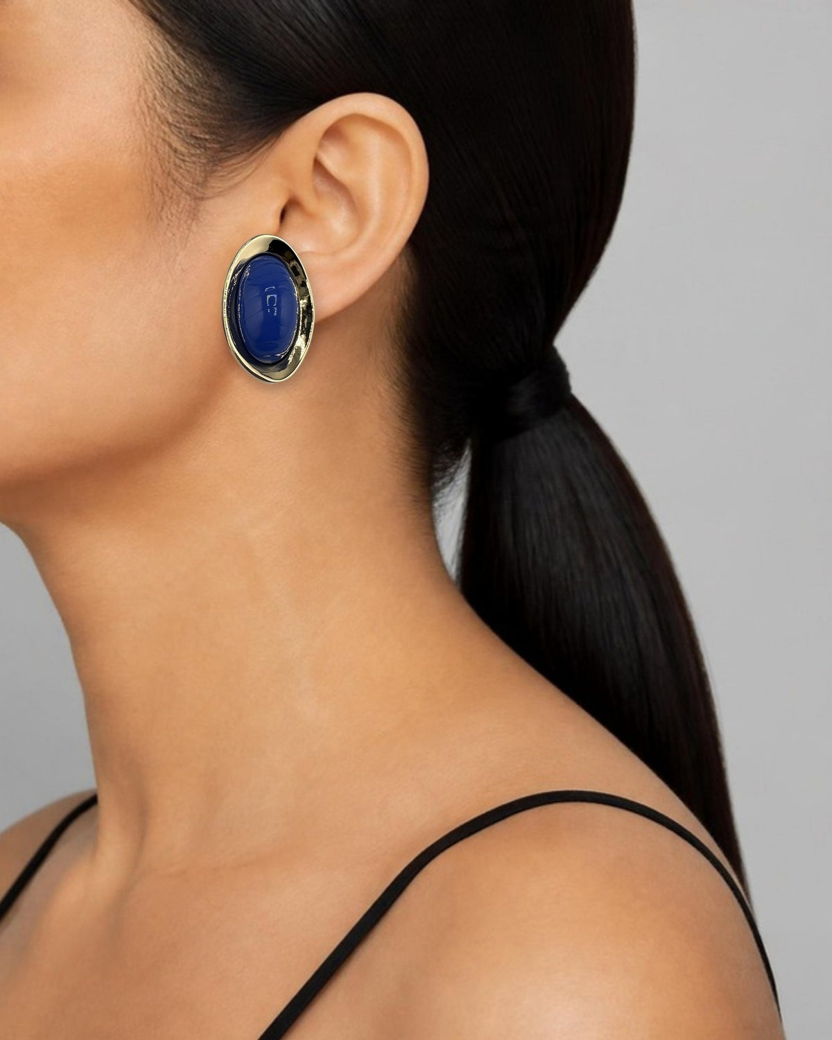 Izoa Vivienne Domed Oval Statement Stud Earrings Blue - worn on model