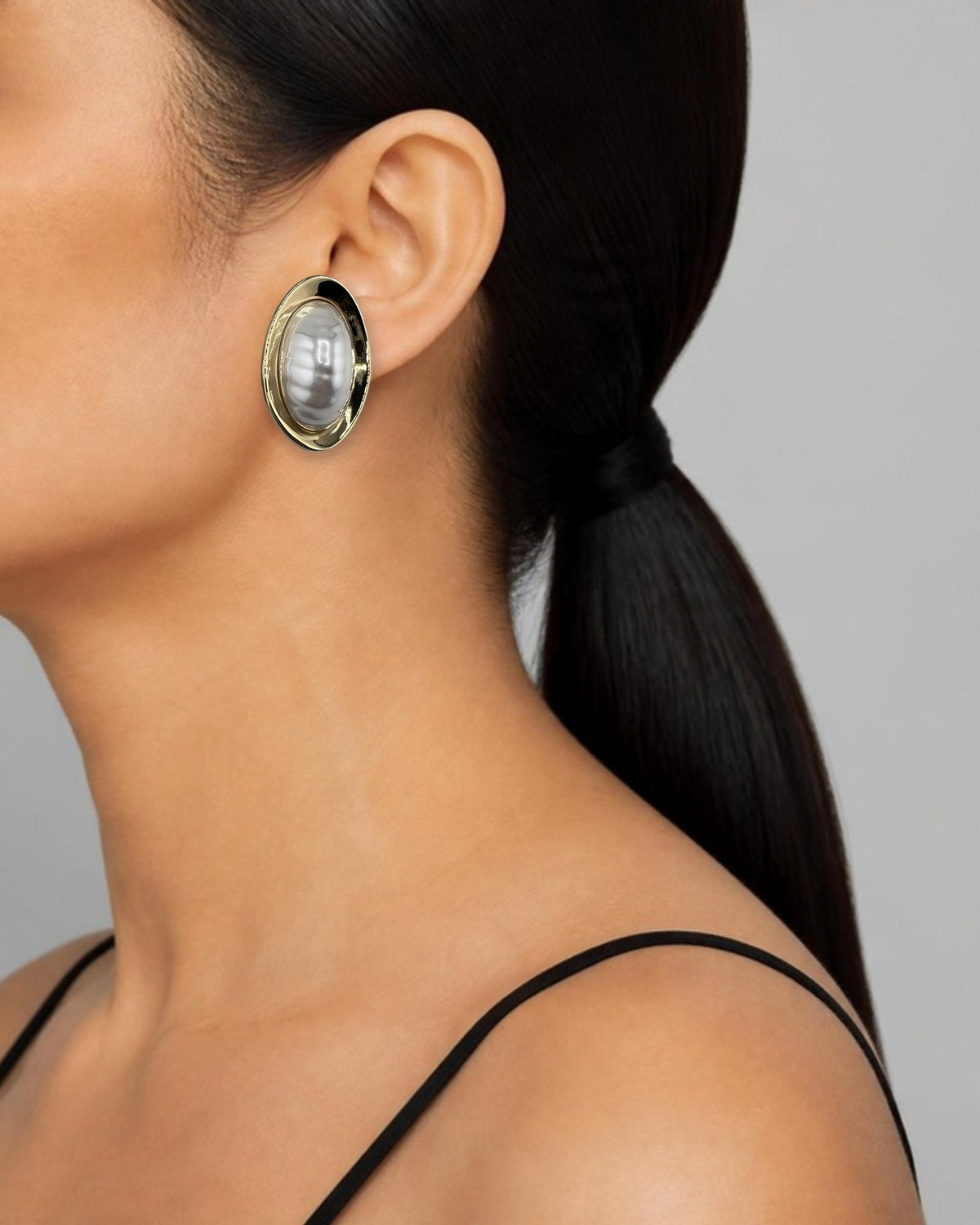 Izoa Vivienne Domed Oval Statement Stud Earrings Pearl - worn on model