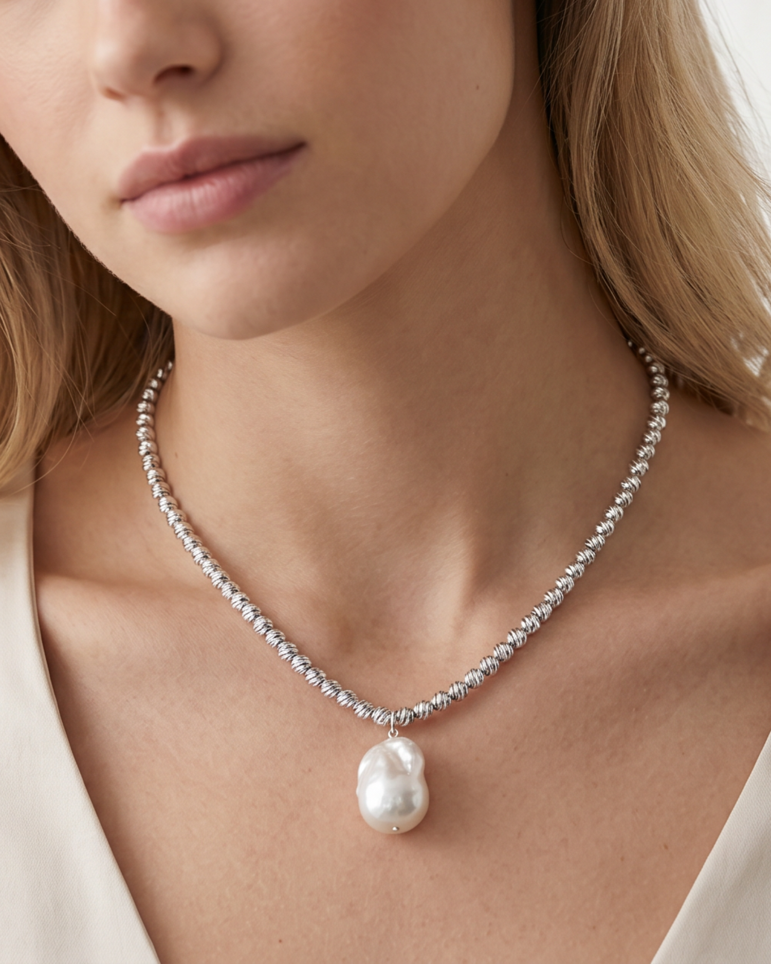 Izoa Odette Drop Freshwater Baroque Pearl Necklace Silver
