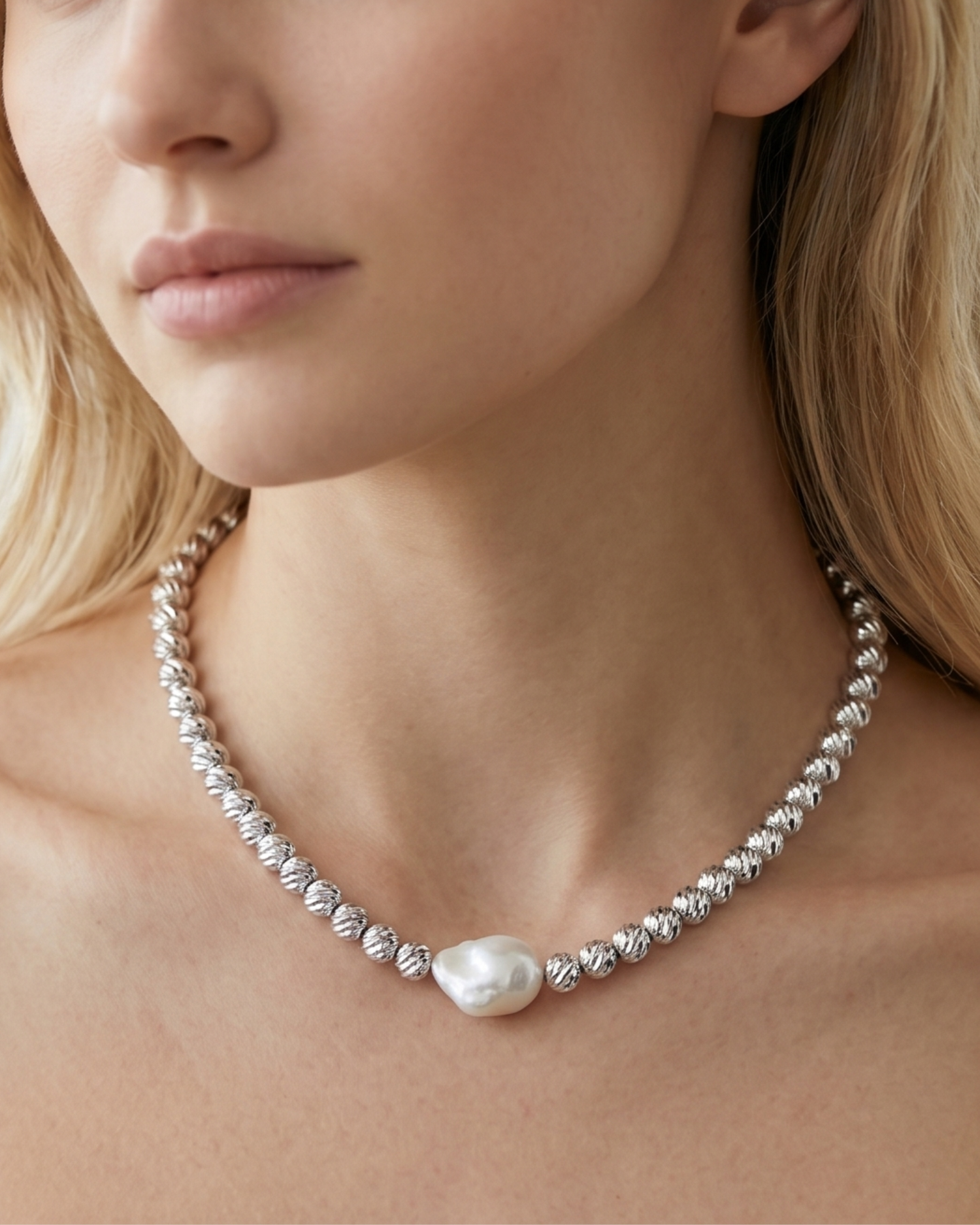 Izoa Maia Freshwater Baroque Pearl Necklace Silver