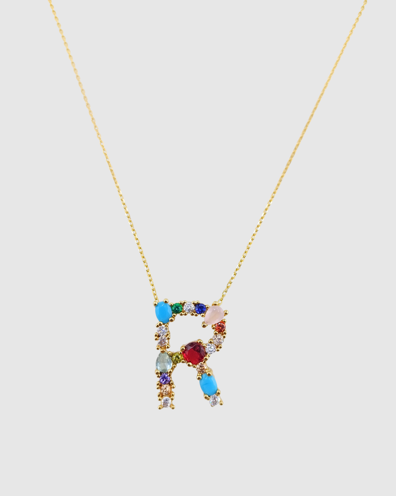 Izoa Alphabet Letter Semi Precious Stone R Necklace Gold