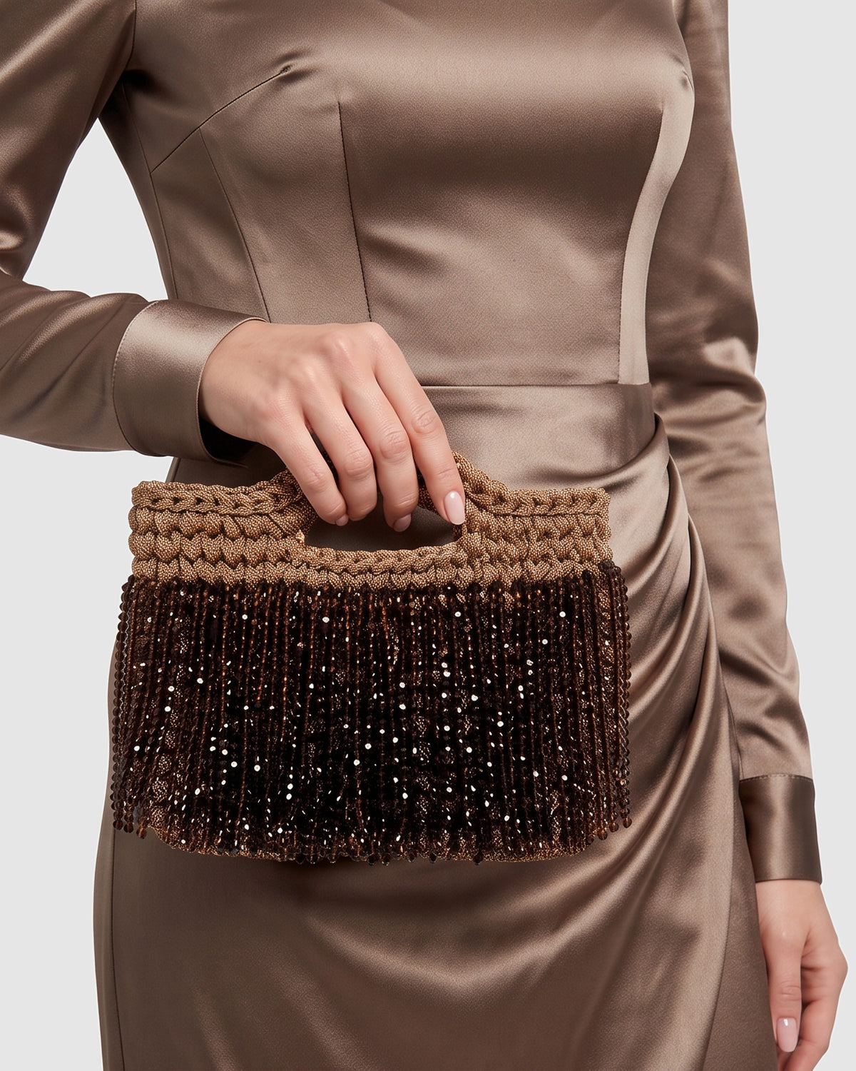 Izoa Estelle Beaded Fringe Rose Gold Mini Bag