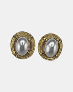 Izoa Octavia Rope Edge Oval Statement Stud Earrings Pearl - front view