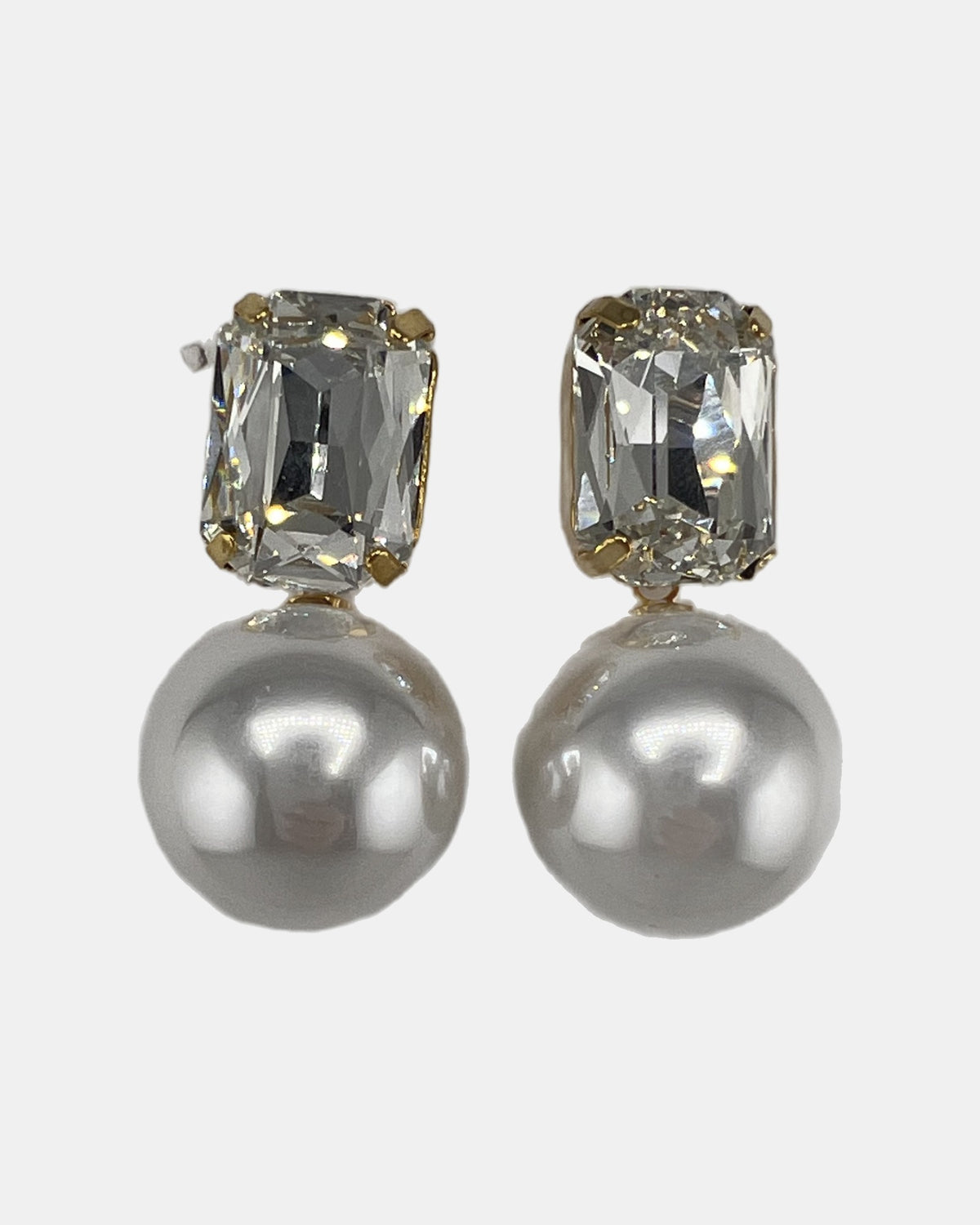 Izoa Romilly Emerald Cut Crystal Pearl Drop Earrings Pearl - front view