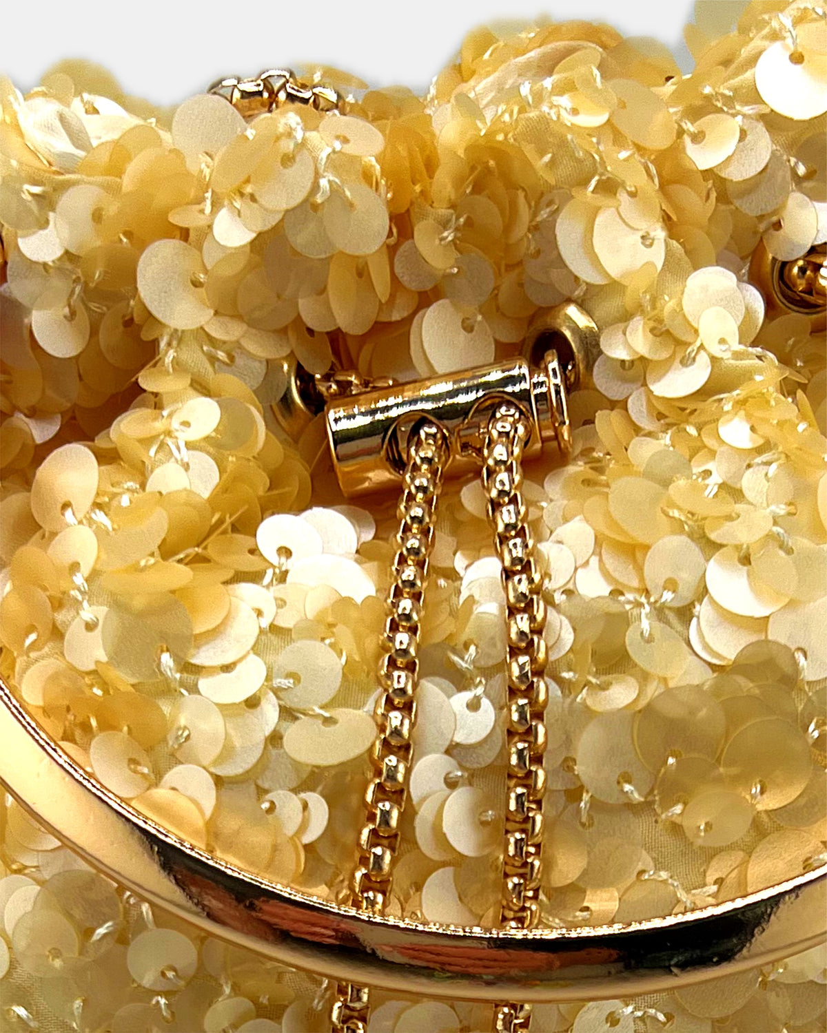 Izoa Aurelia Sequin Bucket Bag in Gold – close-up detail