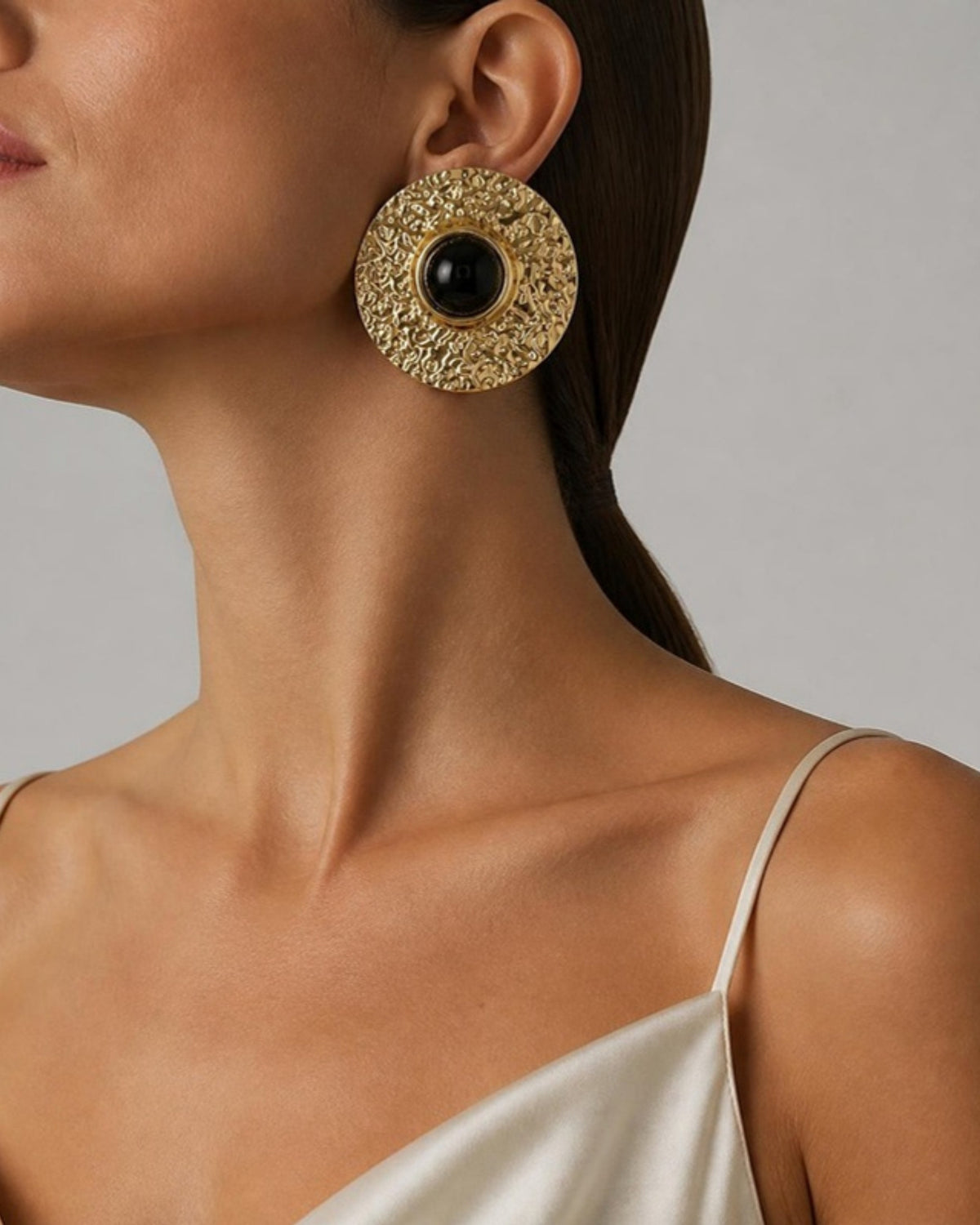 Izoa Cordelia Statement Stud Earrings in Black – worn by a model