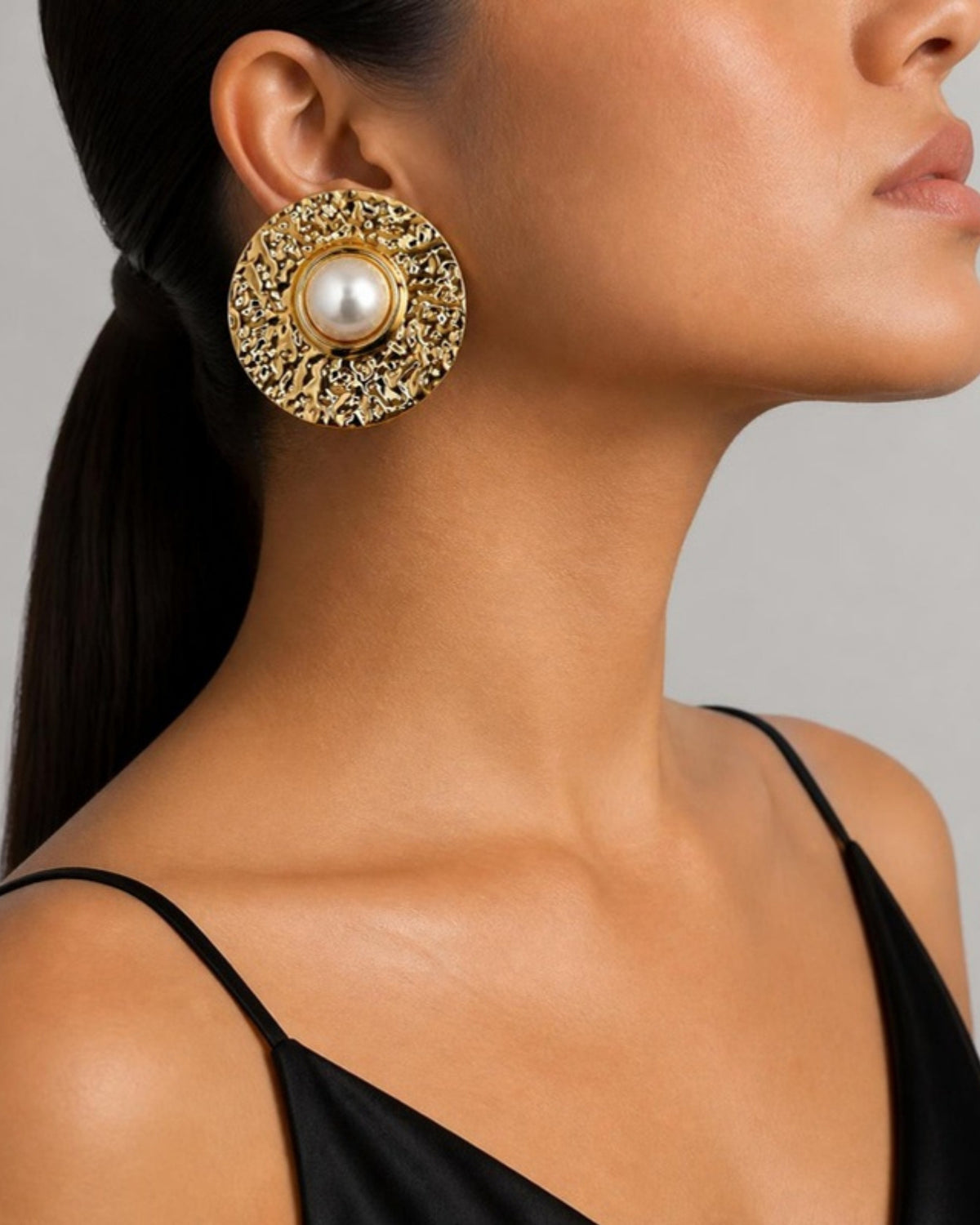 Izoa Cordelia Statement Stud Earrings in Pearl – worn by a model