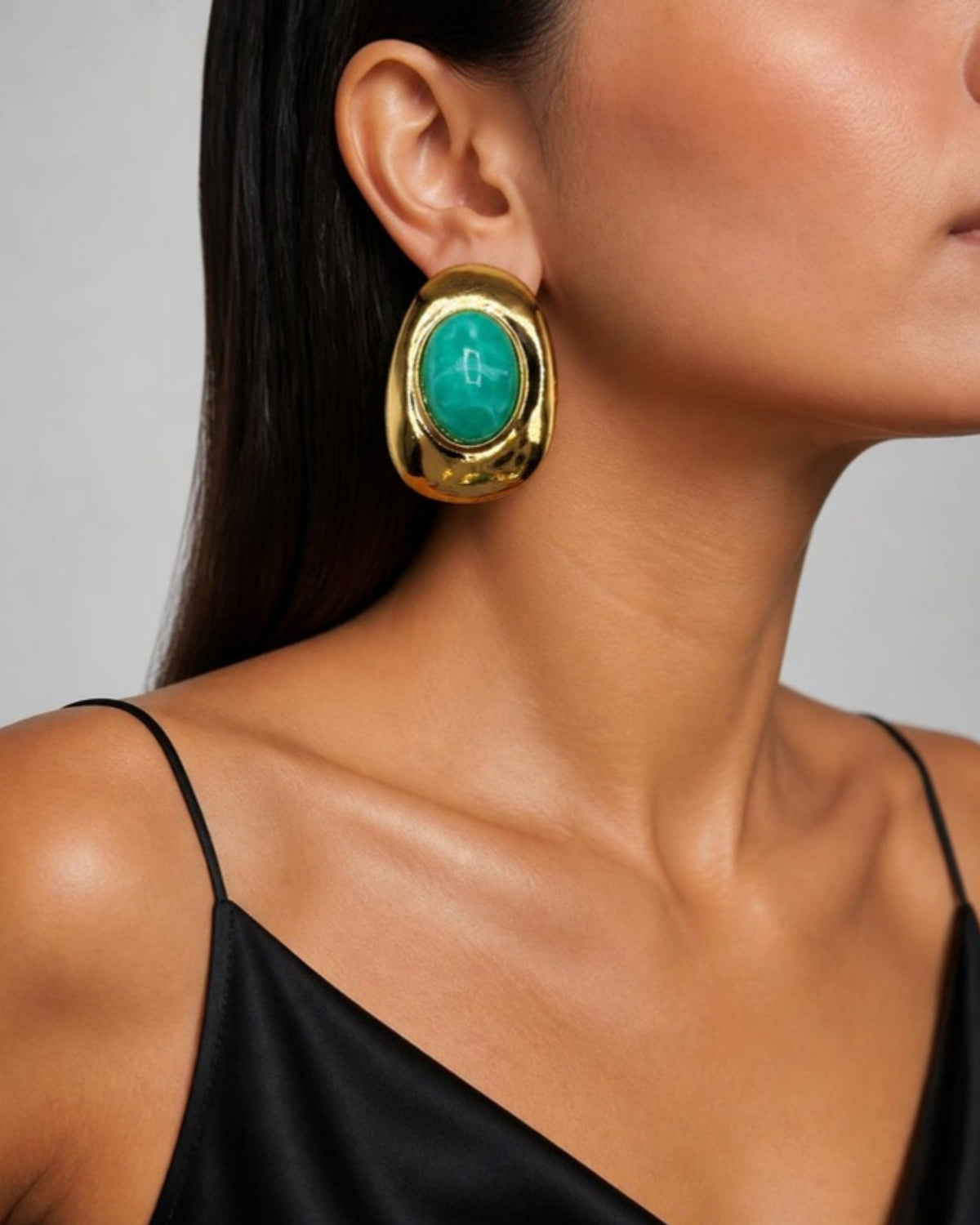 Izoa Isadora Statement Stud Earrings in Green – worn by a model