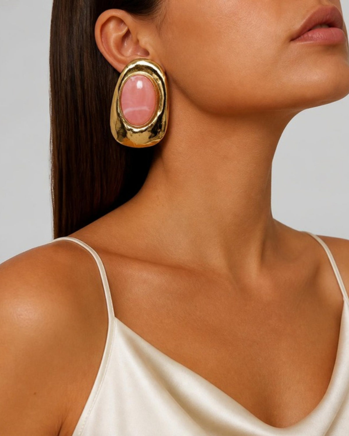 Izoa Isadora Statement Stud Earrings in Pink – worn by a model