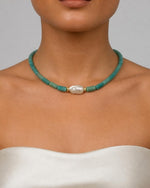 Izoa Marguerite Baroque Pearl Gemstone Necklace in Green Amazonite – worn by a model