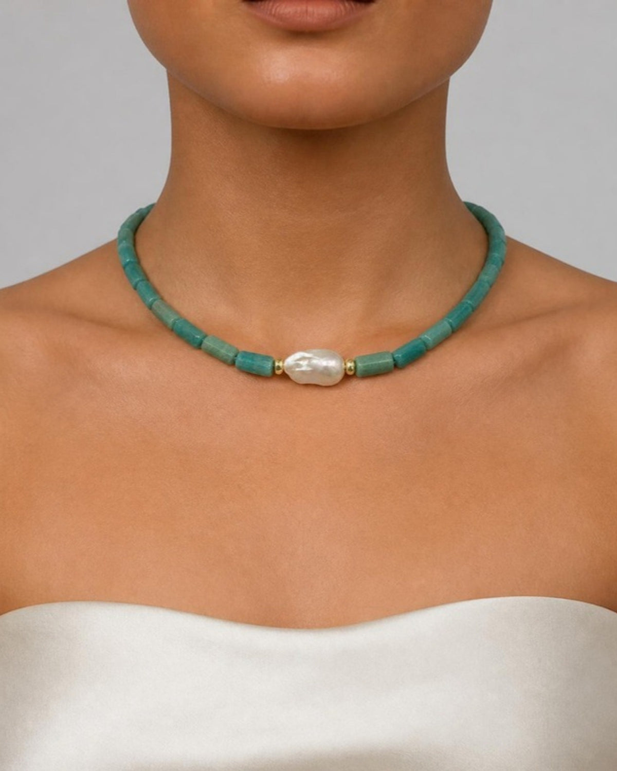 Izoa Marguerite Baroque Pearl Gemstone Necklace in Green Amazonite – worn by a model