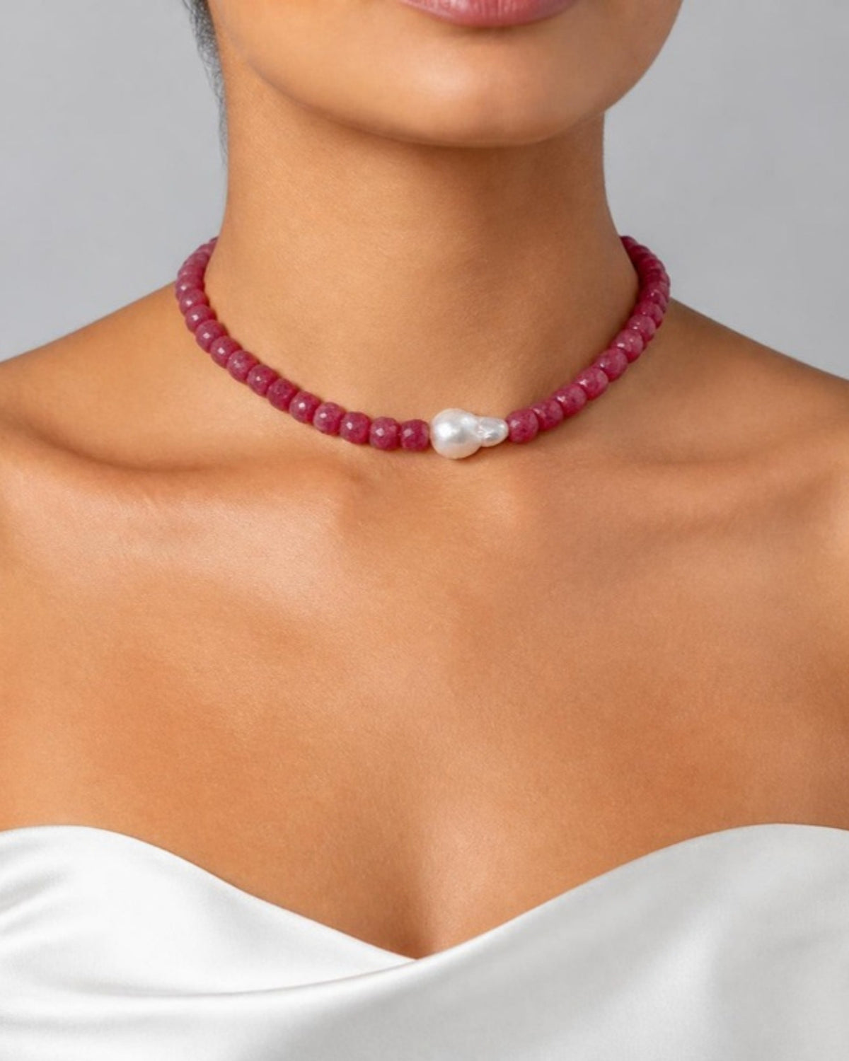 Izoa Marguerite Baroque Pearl Gemstone Necklace in Red – worn by a model