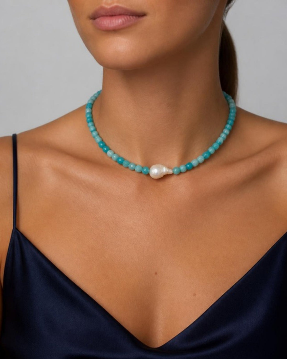 Izoa Marguerite Baroque Pearl Gemstone Necklace in Turquoise Amazonite – worn by a model