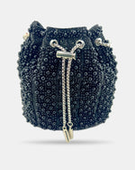 Izoa Noelle Beaded Bucket Bag in Black – front view