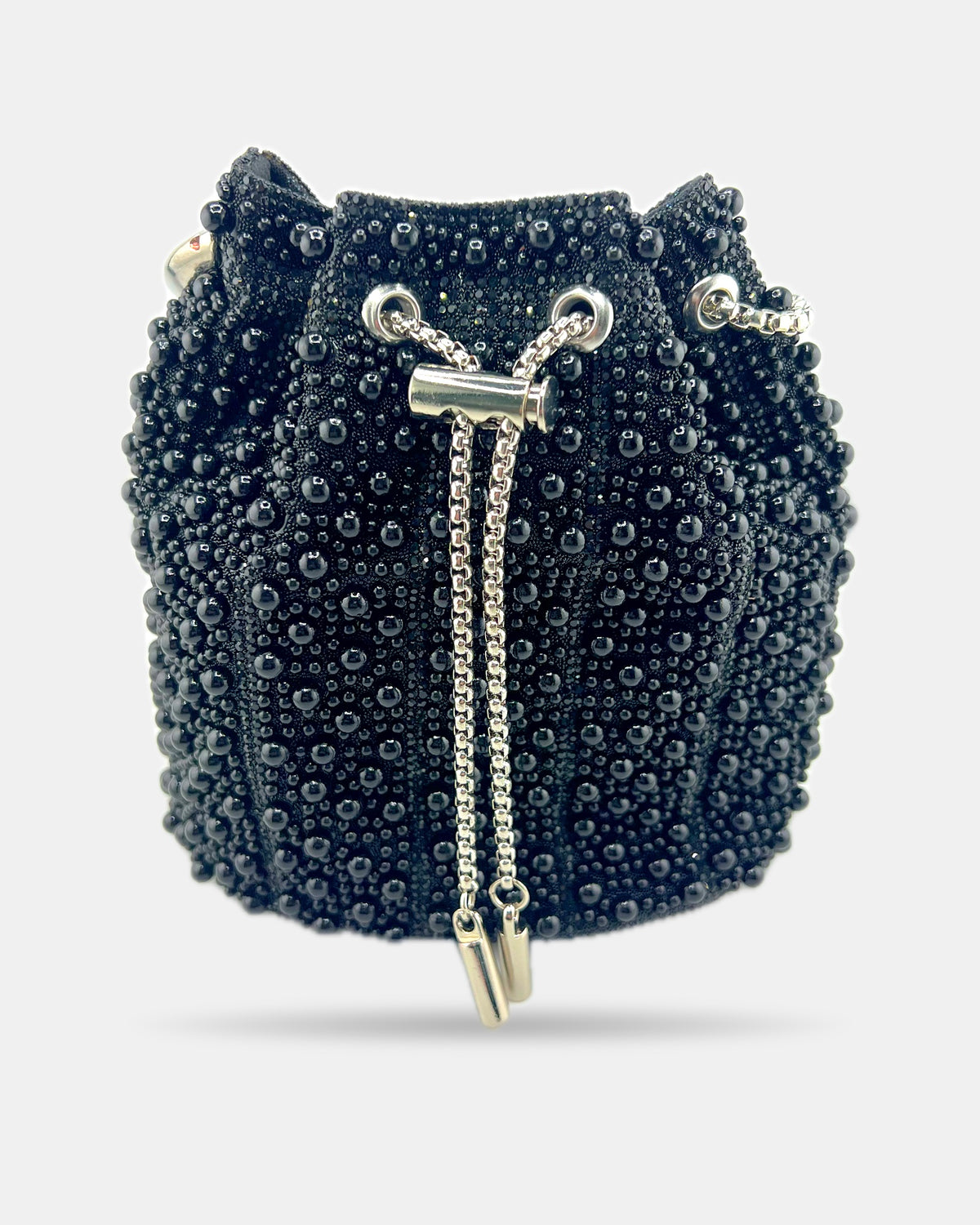 Izoa Noelle Beaded Bucket Bag in Black – front view