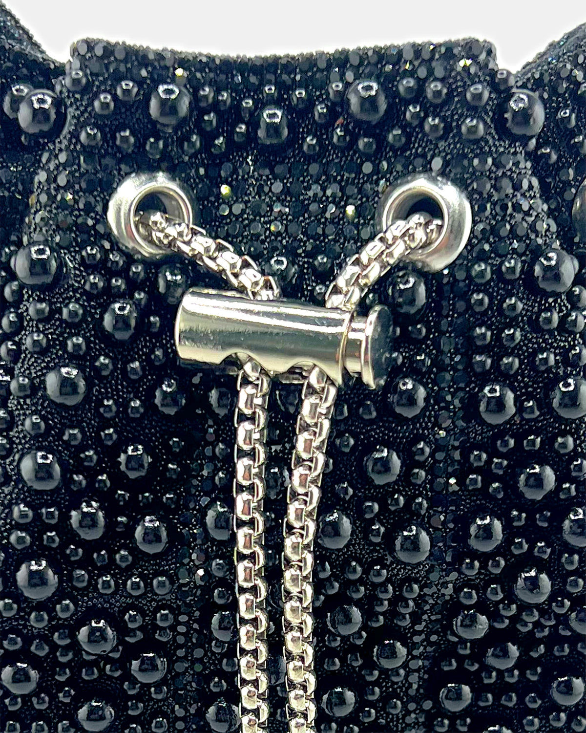 Izoa Noelle Beaded Bucket Bag in Black – close-up detail