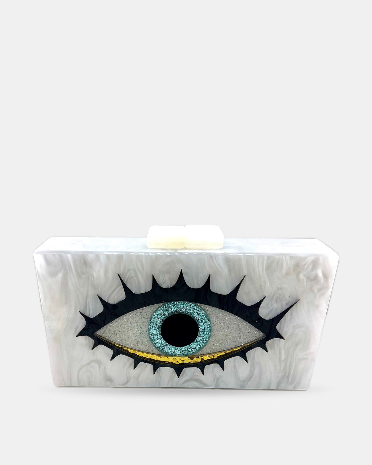 Izoa Oriana Evil Eye Clutch in White – front view