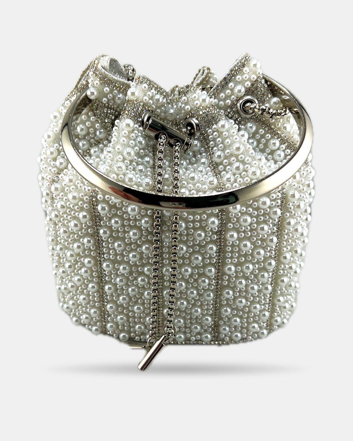 Izoa Perla Pearl Bucket Bag in White – front view
