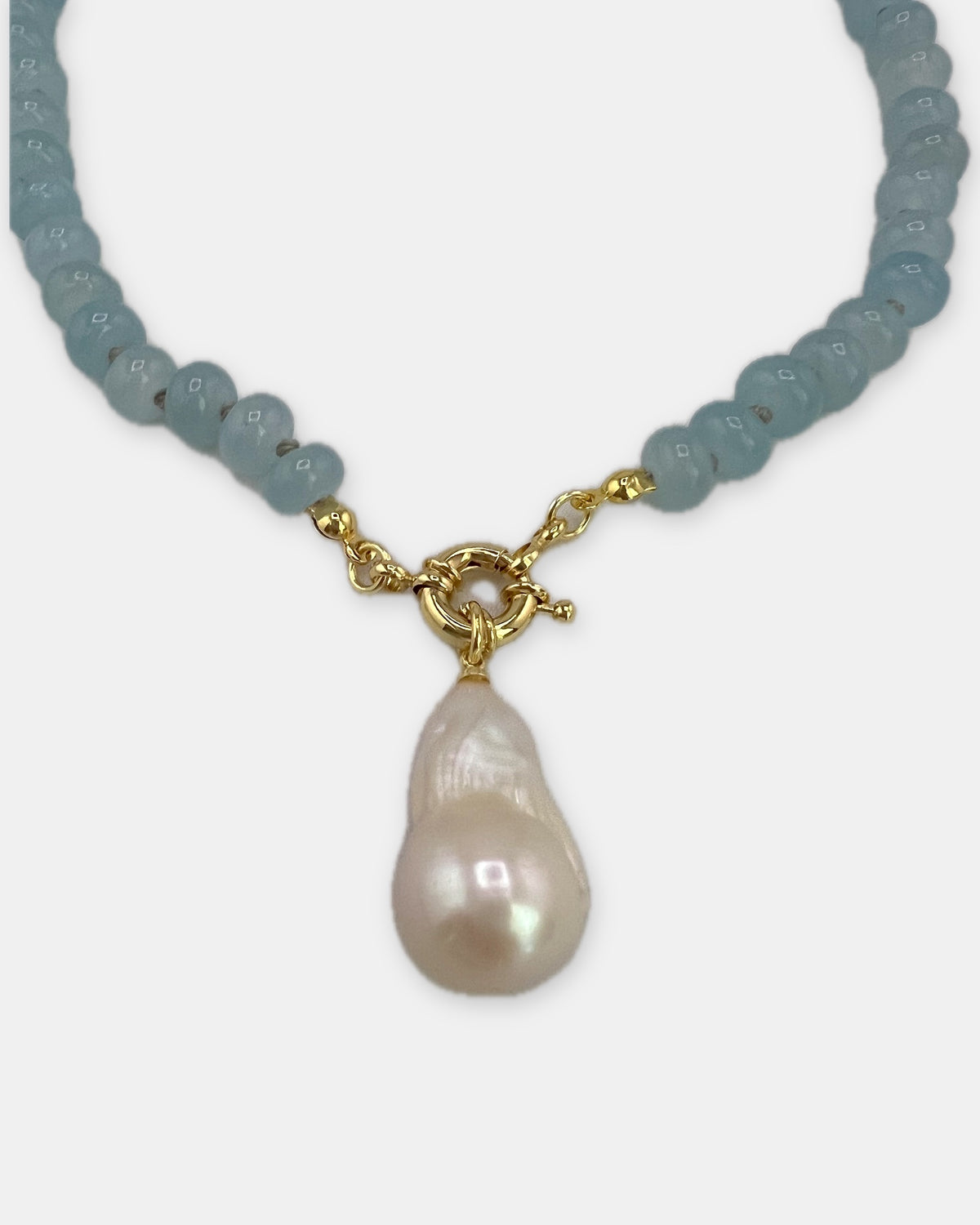 Izoa Philippa Baroque Pearl Drop Necklace in Blue – close-up detail