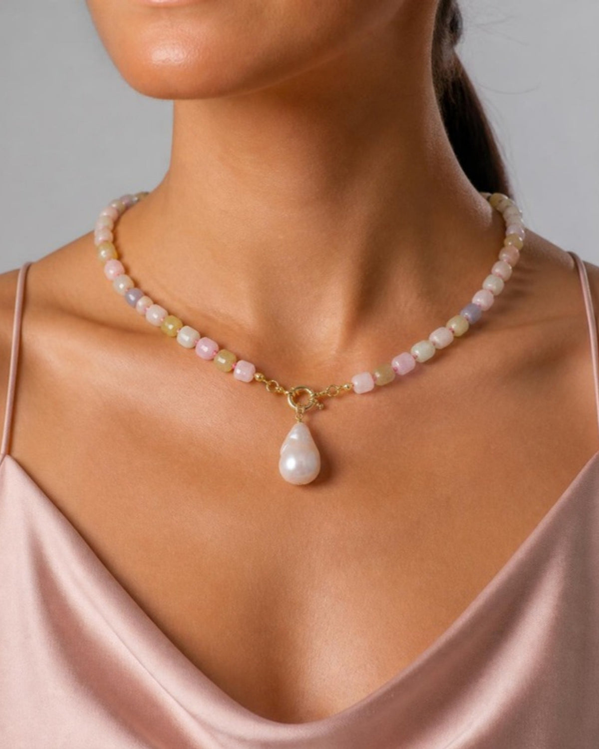 Izoa Philippa Baroque Pearl Drop Necklace in Pastel – worn by a model