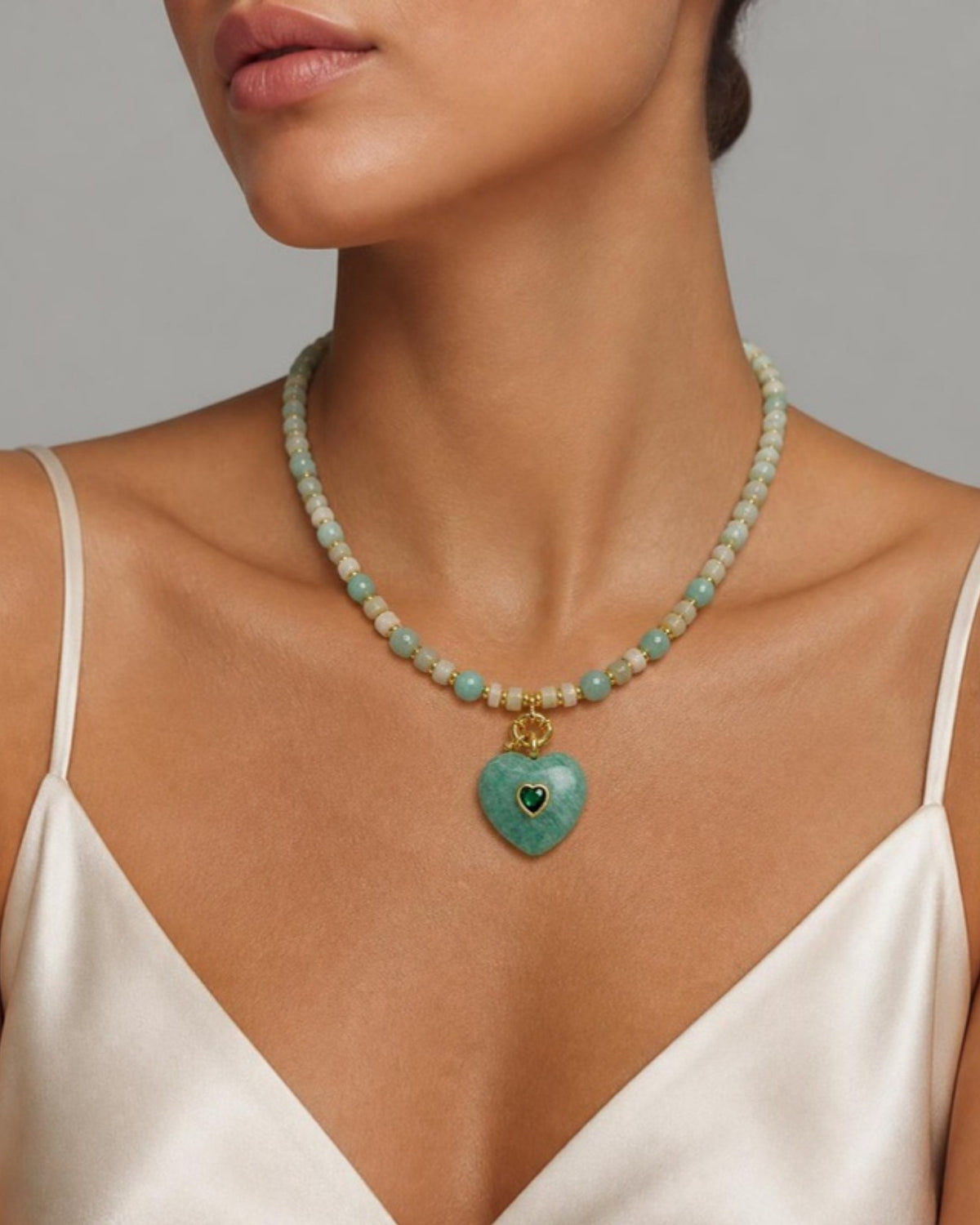 Izoa Rosamund Gemstone Heart Necklace in Amazonite – worn by a model