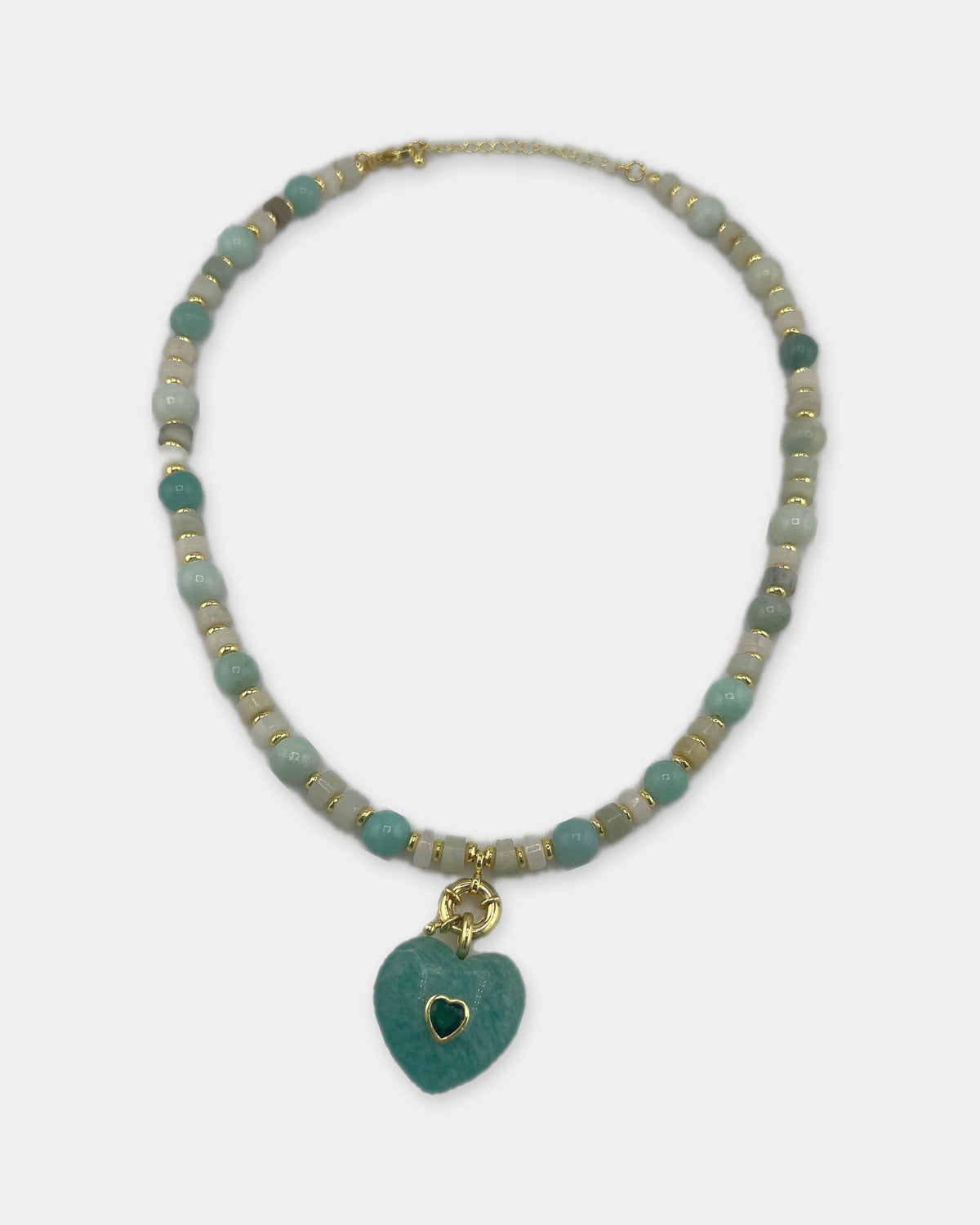 Izoa Rosamund Gemstone Heart Necklace in Amazonite – front view