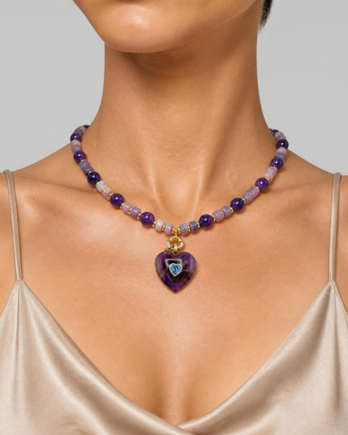Izoa Rosamund Gemstone Heart Necklace in Amethyst – worn by a model