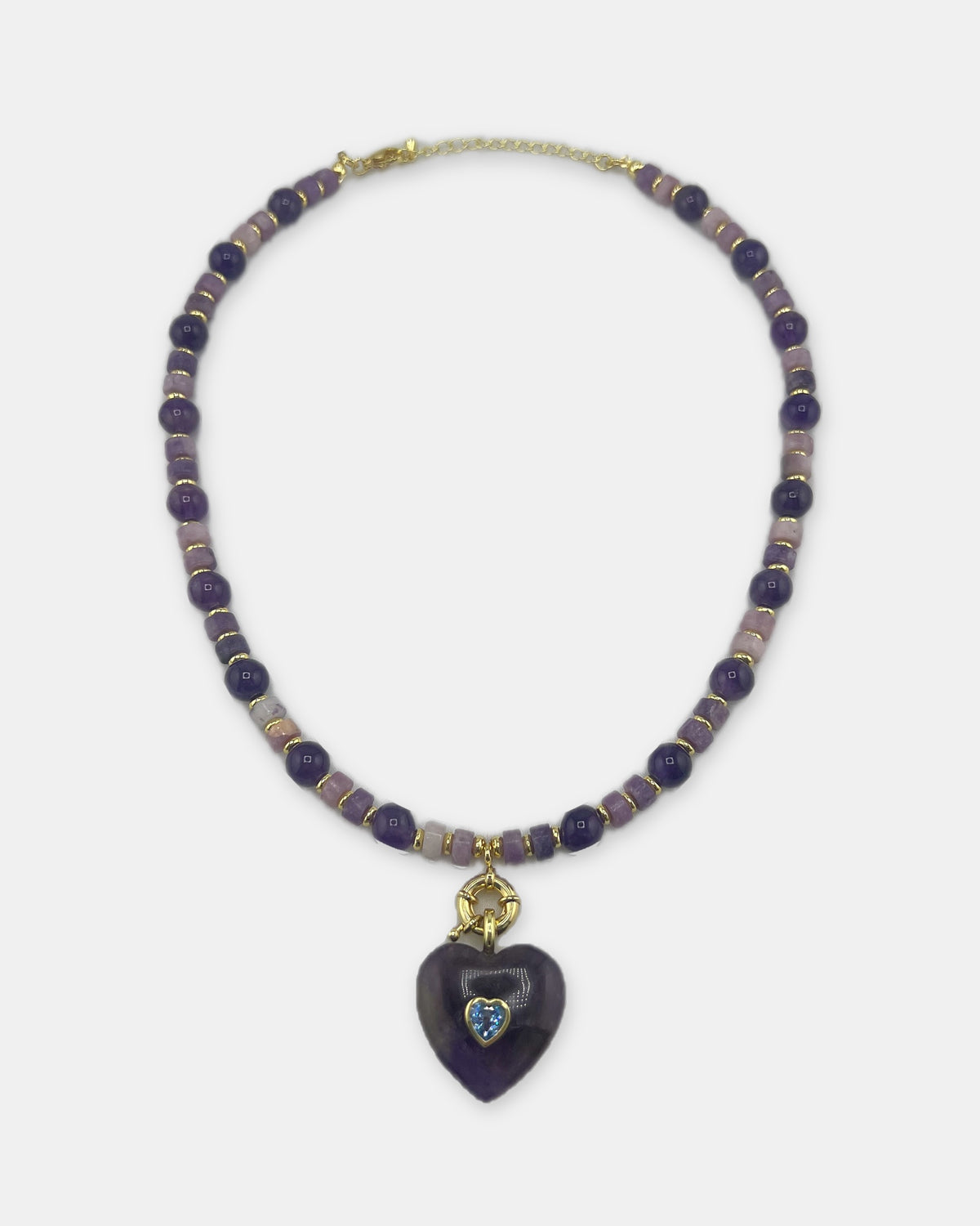 Izoa Rosamund Gemstone Heart Necklace in Amethyst – front view
