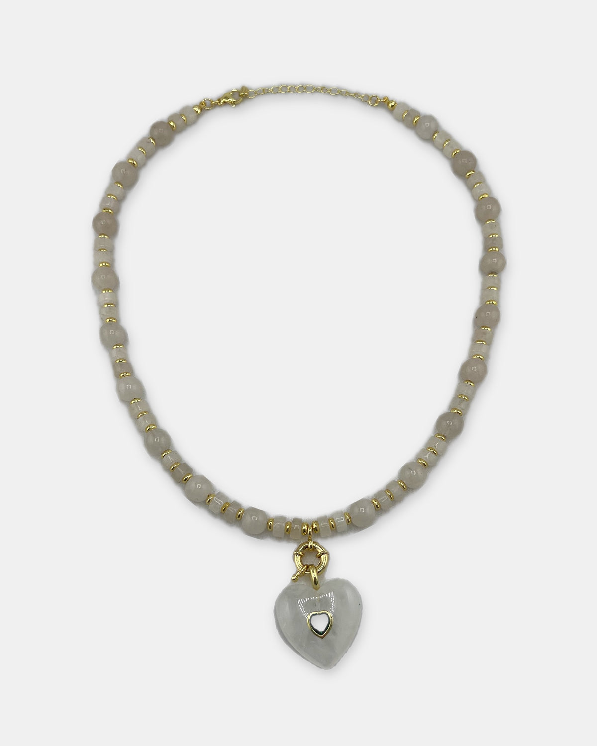 Izoa Rosamund Gemstone Heart Necklace in Clear Quartz – front view