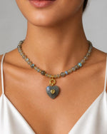 Izoa Rosamund Gemstone Heart Necklace in Labradorite – worn by a model