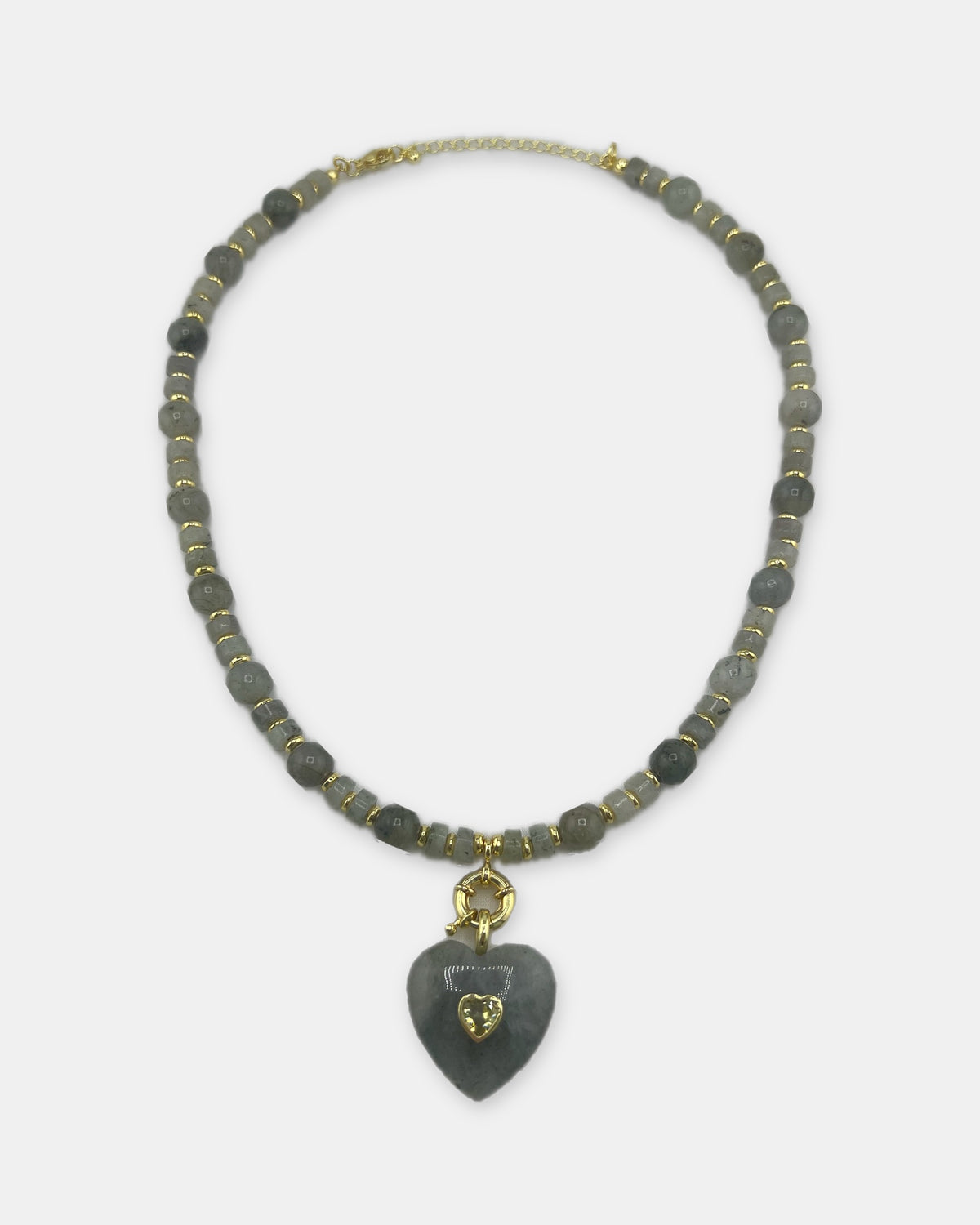 Izoa Rosamund Gemstone Heart Necklace in Labradorite – front view