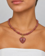 Izoa Rosamund Gemstone Heart Necklace in Pink – worn by a model