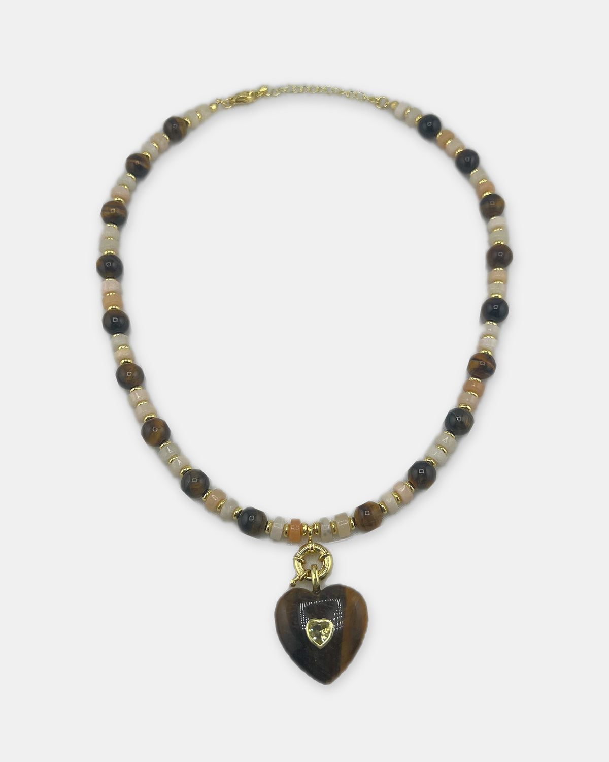 Izoa Rosamund Gemstone Heart Necklace in Tiger's Eye – front view