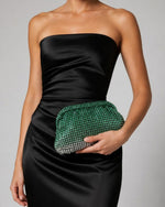 Izoa Seraphina Crystal Mesh Clutch in Emerald – worn by a model