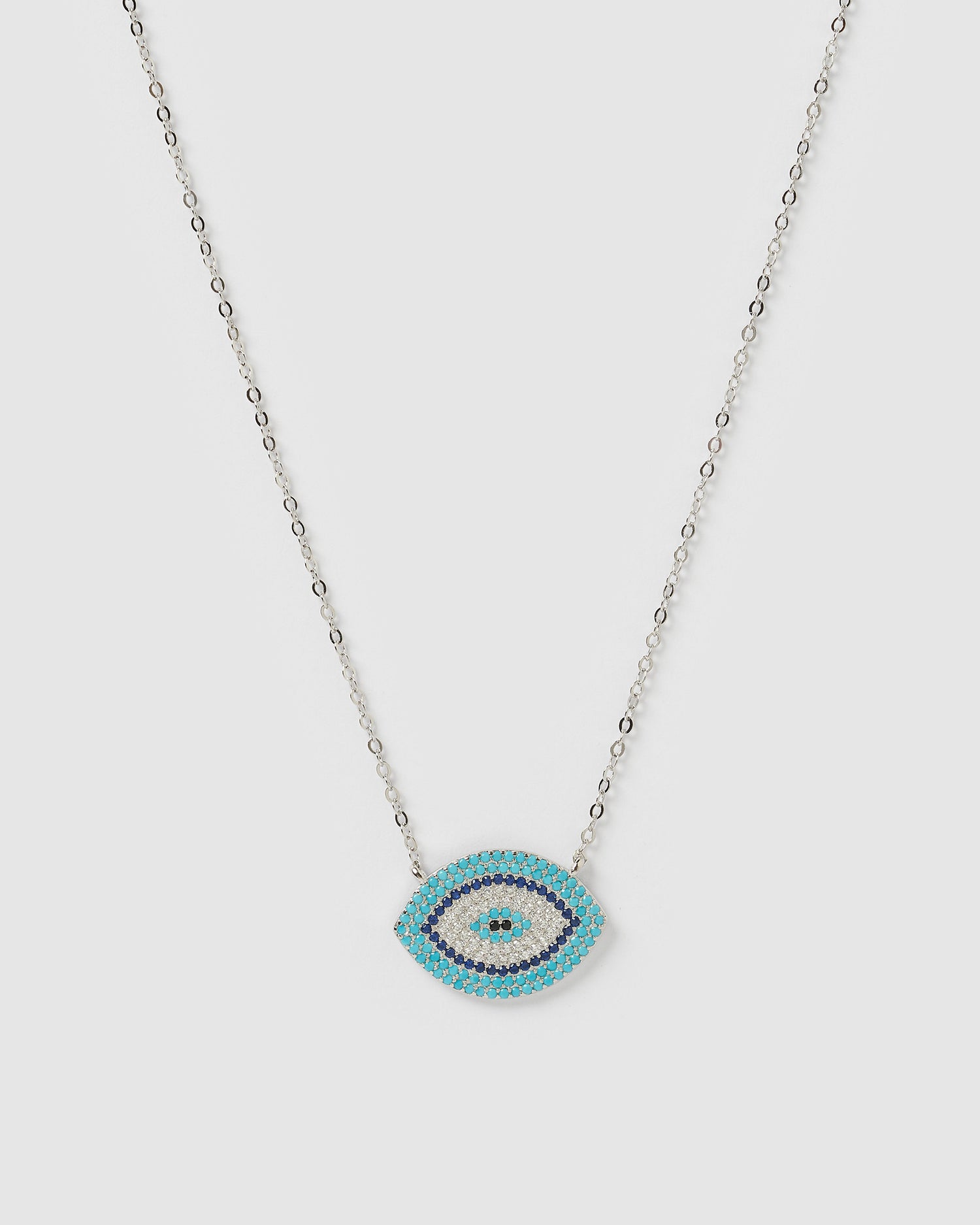 Izoa Sansa Embellished Evil Eye Necklace Silver