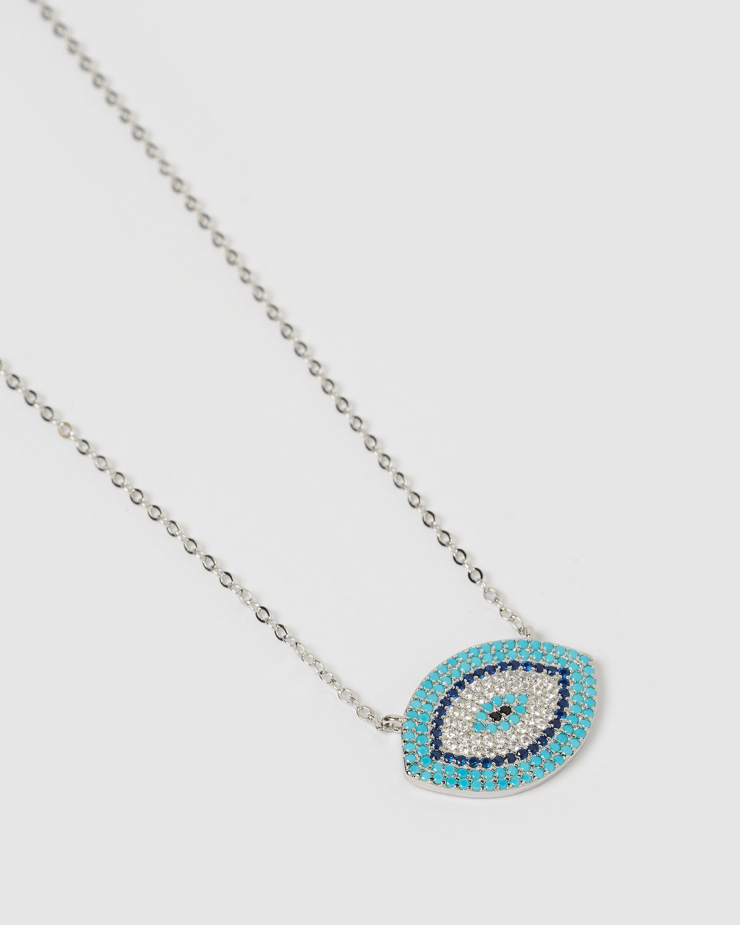 Izoa Sansa Embellished Evil Eye Necklace Silver