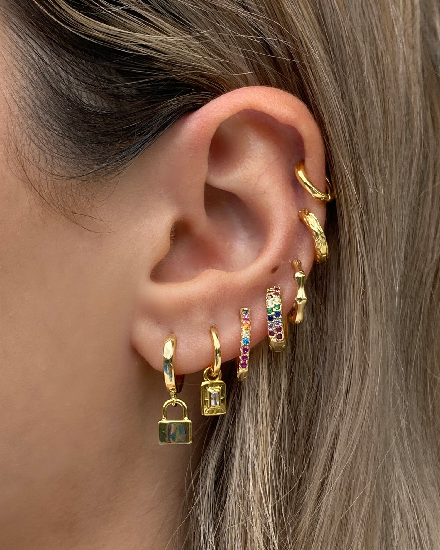 Izoa Rainbow Huggie Earrings Gold Multi
